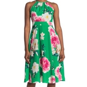 NWT Eliza J Green Pink Floral Halter Style Fit & Flare Crepe Midi Dress Size 8